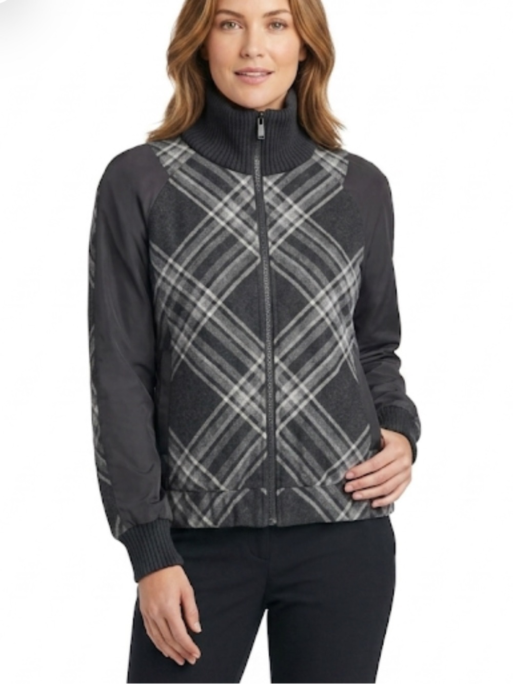 Lafayette 148 New York Wool Blend Plaid Bomber Jacket